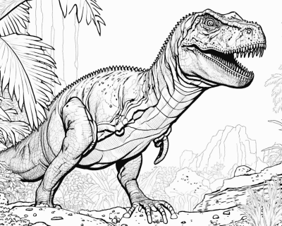 Színező egy éles fogakkal teli, tátott szájú T-rexszel pálmák és sziklák között